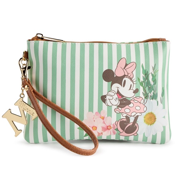 NWT Disney x Minnie Wristlet w/Gold “M” charm & tan strap•Green/white stripe - Picture 2 of 4